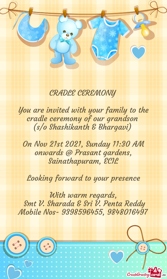 On Nov 21st 2021, Sunday 11:30 AM onwards @ Prasant gardens, Sainathapuram, ECIL