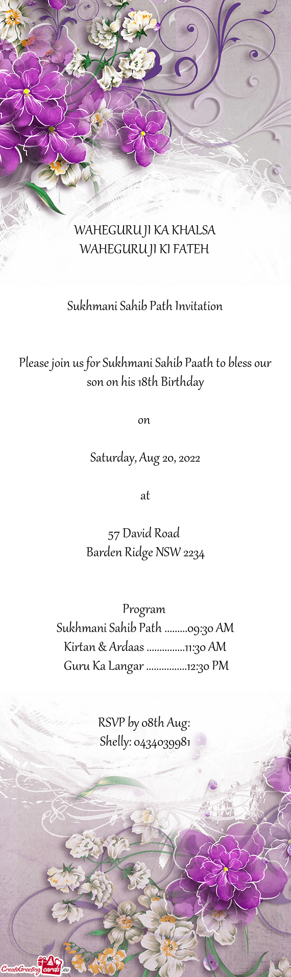 Please join us for Sukhmani Sahib Paath to bless our son on his 18th Birthday