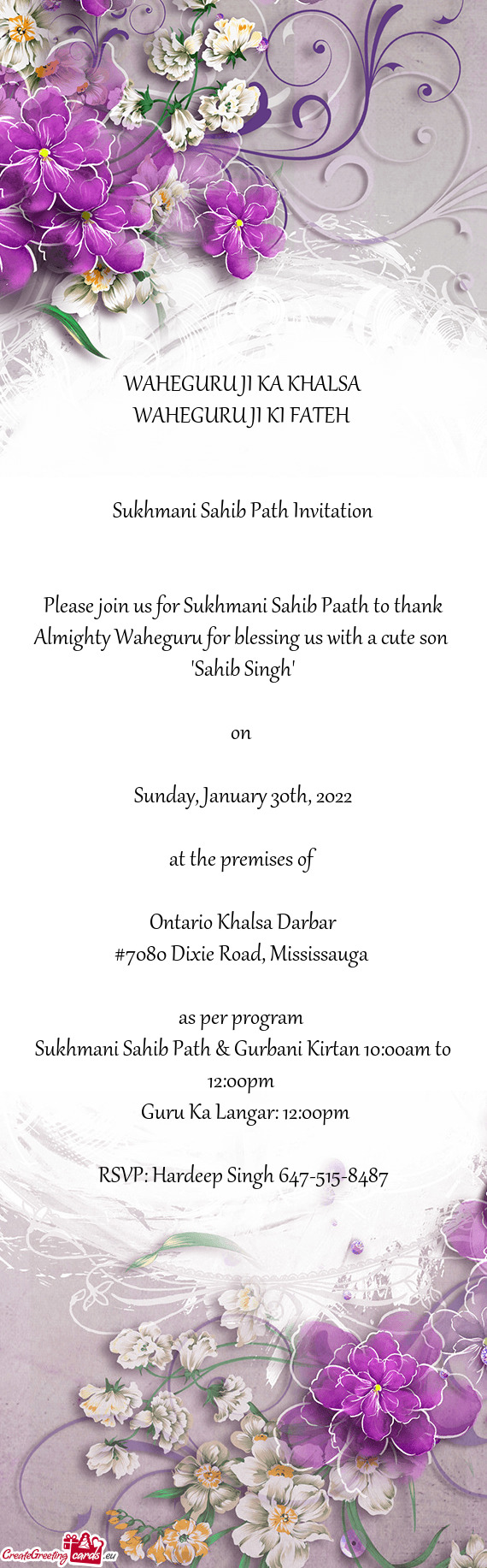 Please join us for Sukhmani Sahib Paath to thank Almighty Waheguru for blessing us with a cute son