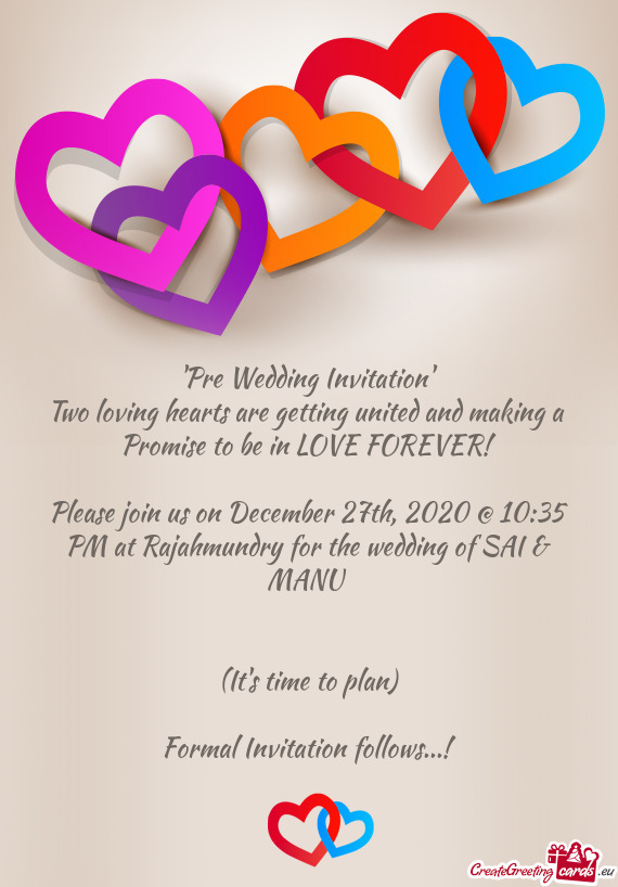 Please join us on December 27th, 2020 @ 10:35 PM at Rajahmundry for the wedding of SAI & MANU