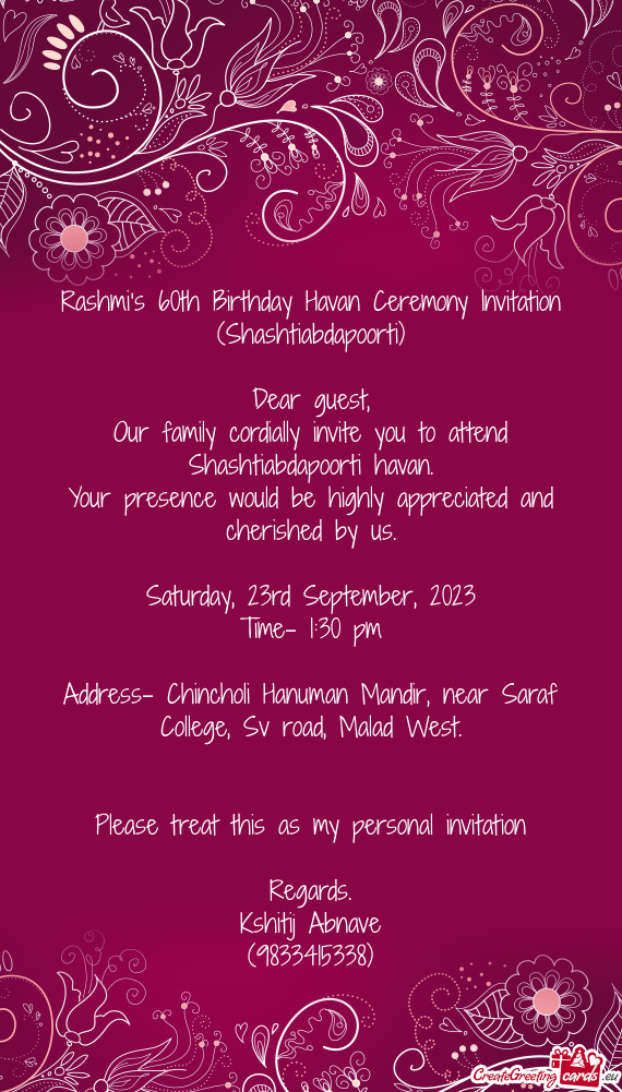 Rashmi’s 60th Birthday Havan Ceremony Invitation (Shashtiabdapoorti)