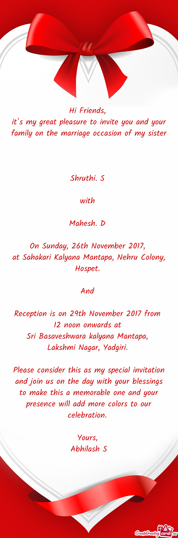 Reception is on 29th November 2017 from