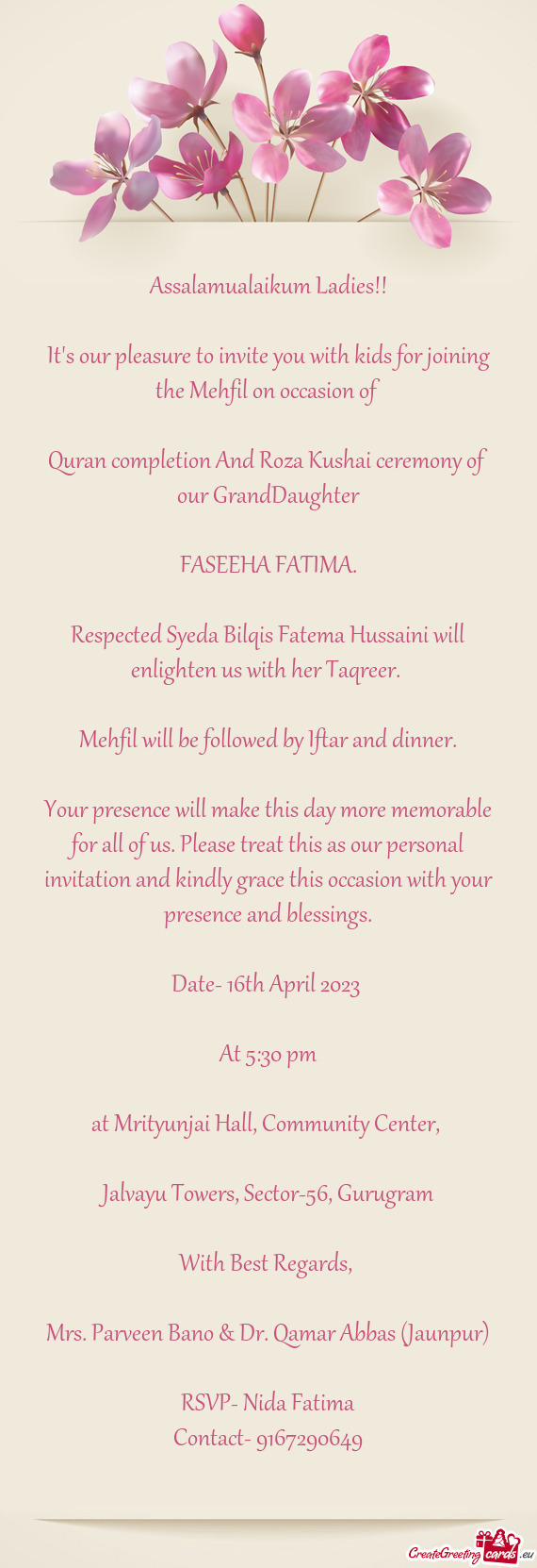Respected Syeda Bilqis Fatema Hussaini will enlighten us with her Taqreer