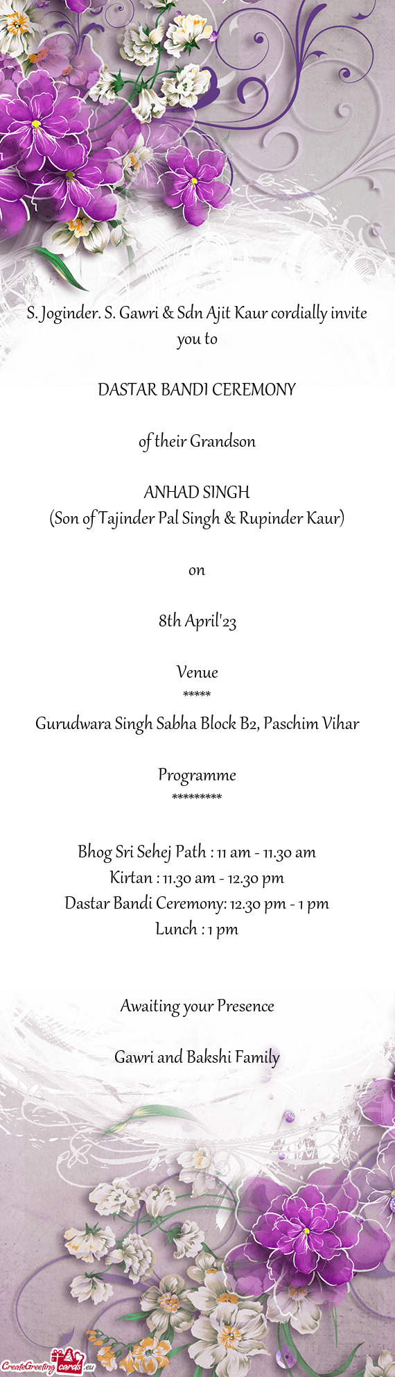 S. Joginder. S. Gawri & Sdn Ajit Kaur cordially invite you to