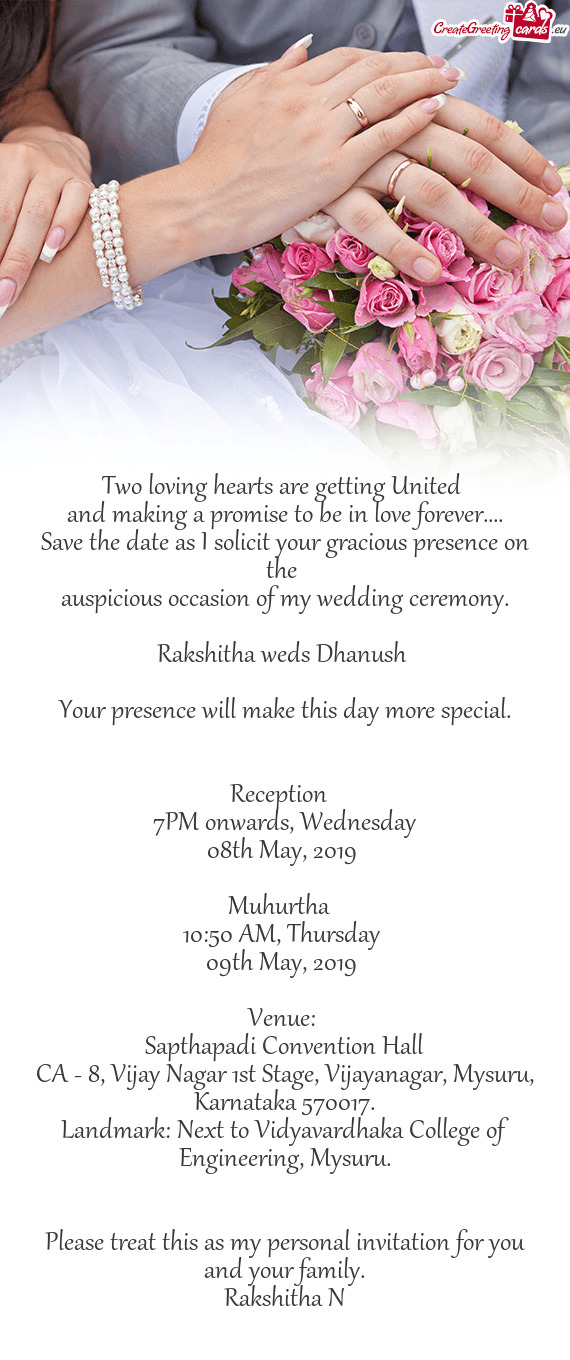 Save the date as I solicit your gracious presence on the 
 auspicious occasion of my wedding cerem