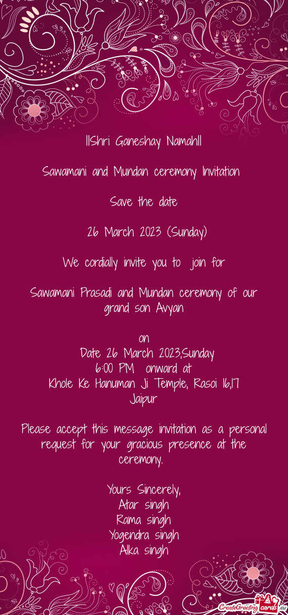 Sawamani and Mundan ceremony Invitation