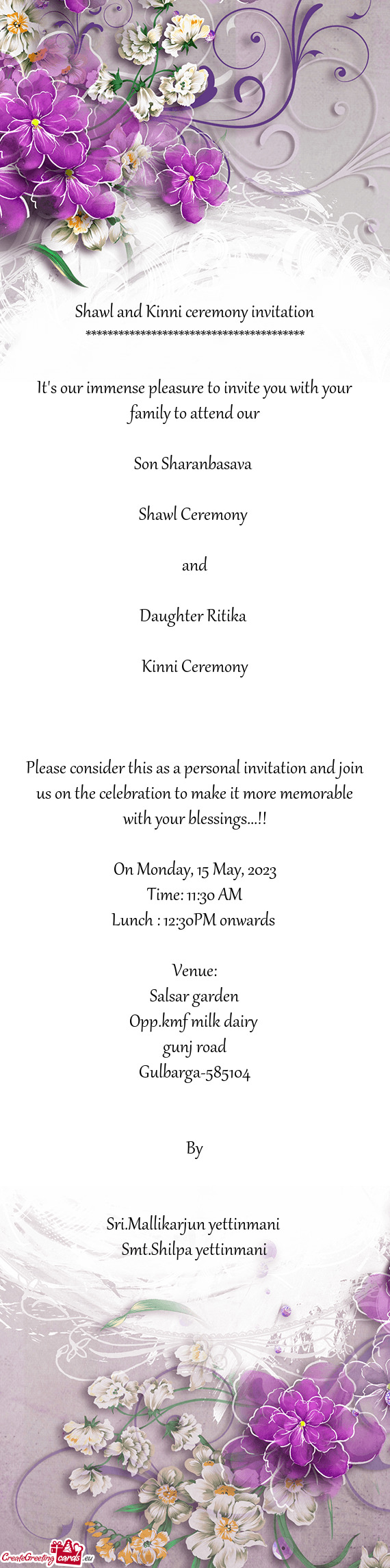 Shawl and Kinni ceremony invitation