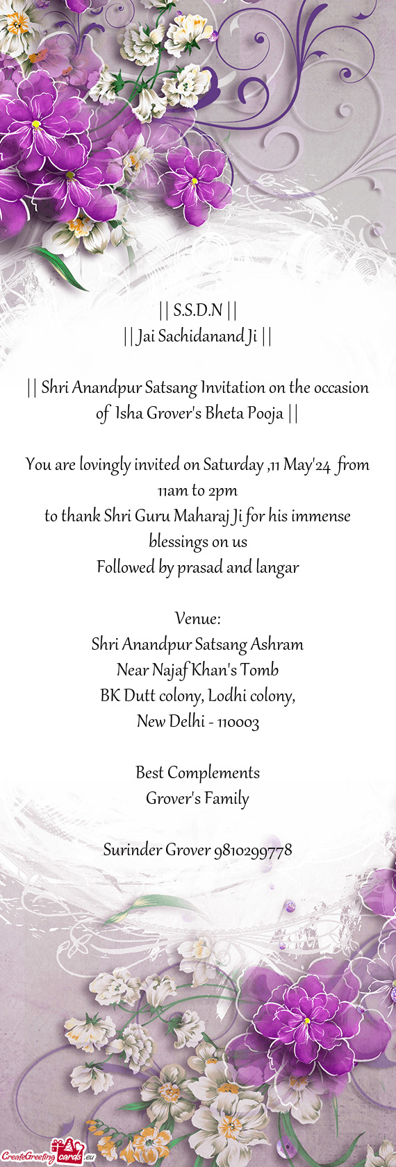 || Shri Anandpur Satsang Invitation on the occasion of Isha Grover's Bheta Pooja ||