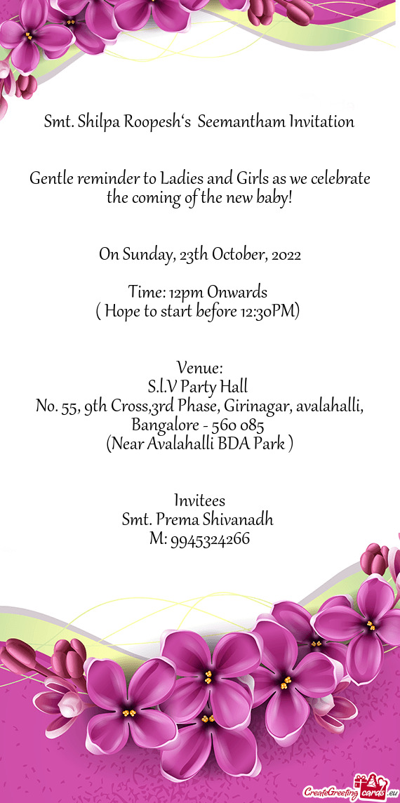 Smt. Shilpa Roopesh‘s Seemantham Invitation