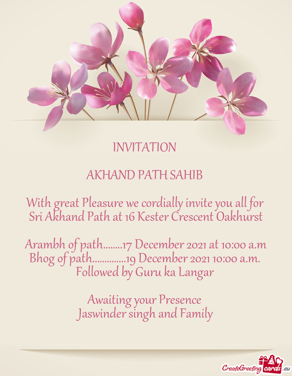 Sri Akhand Path at 16 Kester Crescent Oakhurst