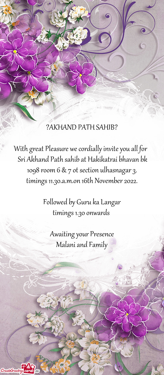 Sri Akhand Path sahib at Hakikatrai bhavan bk 1098 room 6 & 7 ot section ulhasnagar 3