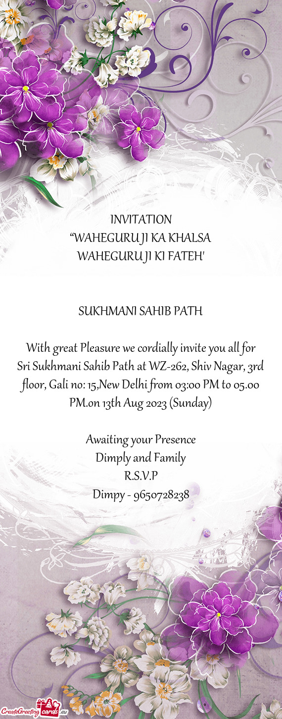 Sri Sukhmani Sahib Path at WZ-262, Shiv Nagar, 3rd floor, Gali no: 15,New Delhi from 03:00 PM to 05