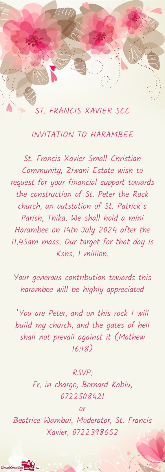 St. Francis Xavier Small Christian Community, Ziwani Estate wish to request for your financial suppo