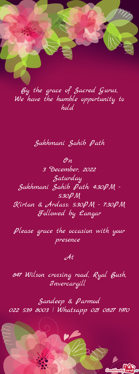Sukhmani Sahib Path: 4:30PM - 5:30PM