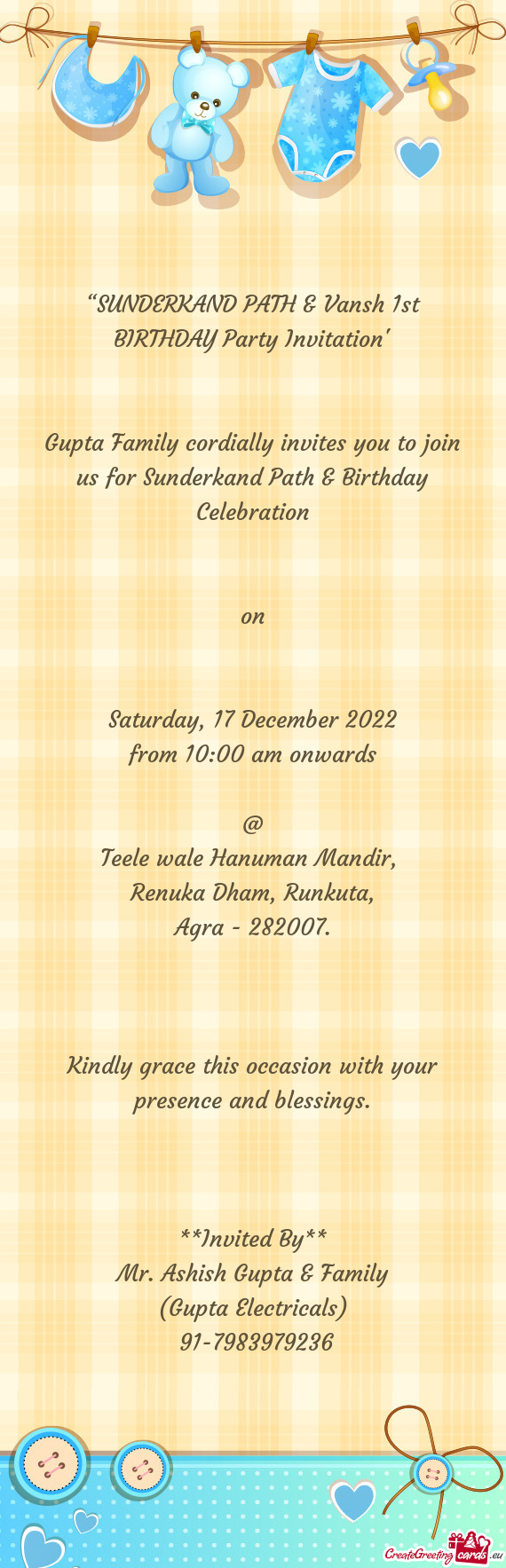 SUNDERKAND PATH Vansh 1st BIRTHDAY Party Invitation Free Cards