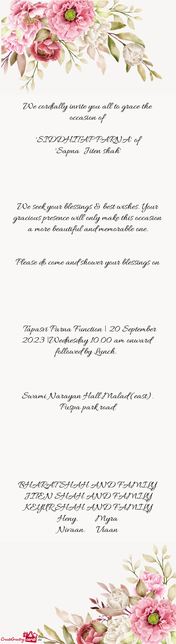 Tapasvi Parna Function | 20 September 2023 |Wednesday 10.00 am onward followed by Lunch
