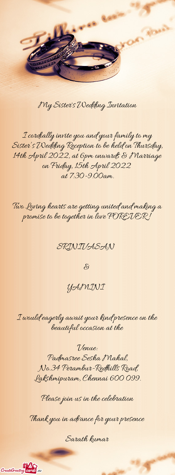 Th April 2022, at 6pm onwards & Marriage on Friday, 15th April 2022