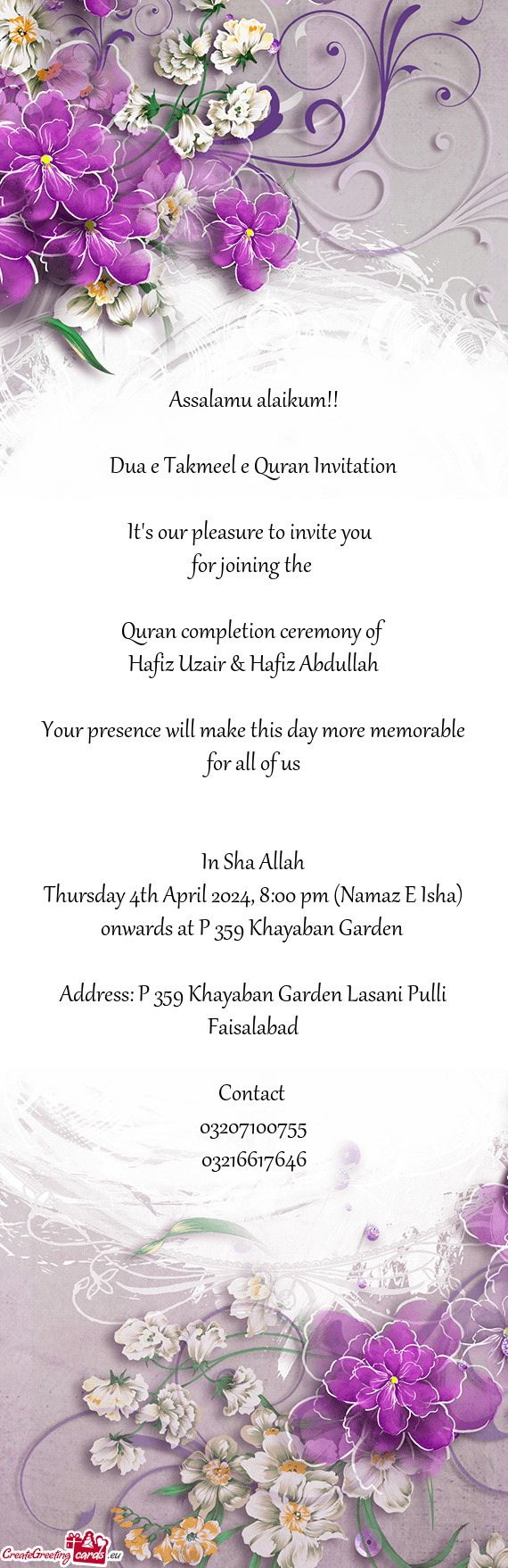 Thursday 4th April 2024, 8:00 pm (Namaz E Isha) onwards at P 359 Khayaban Garden