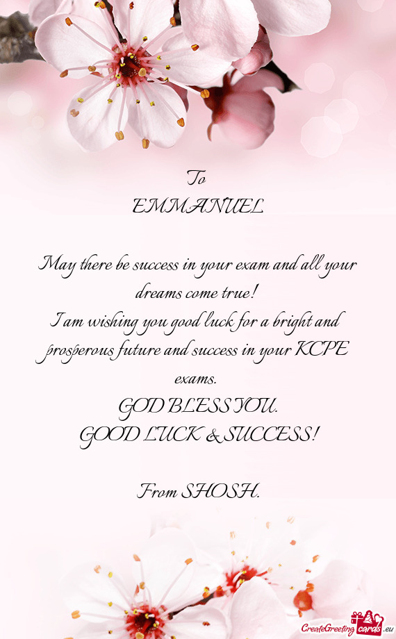 To 
 EMMANUEL
 
 May there be success in your exam and all your dreams come true! 
 I am wishing you