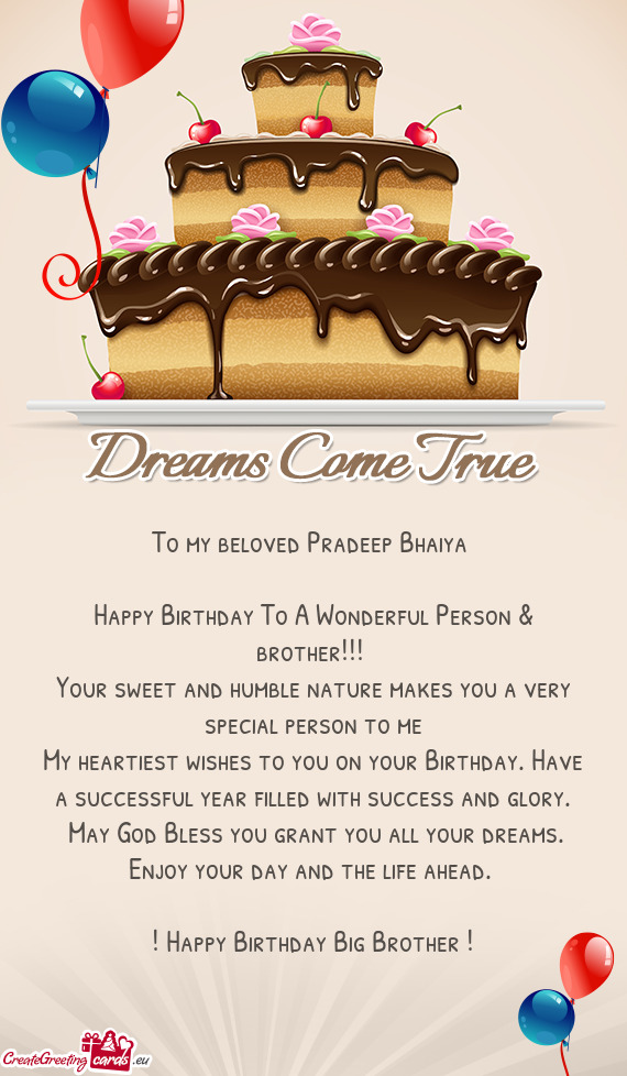 To my beloved Pradeep Bhaiya 
 
 Happy Birthday To A Wonderful Person & brother!!! 
 Your sweet and