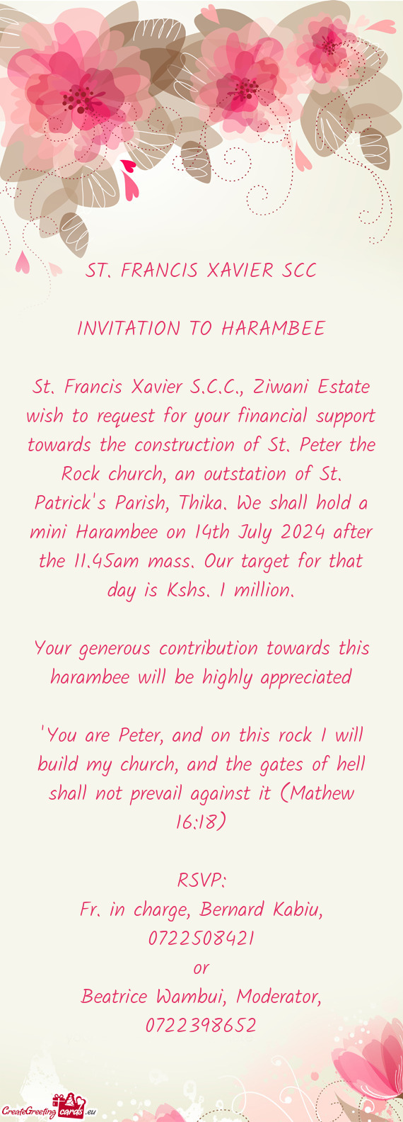 Truction of St. Peter the Rock church, an outstation of St. Patrick's Parish, Thika. We shall hold a