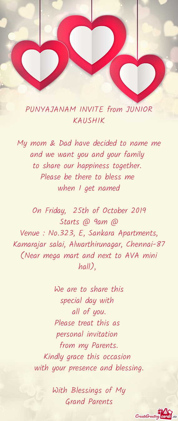 Venue : No.323, E, Sankara Apartments, Kamarajar salai, Alwarthirunagar, Chennai-87 (Near mega mart