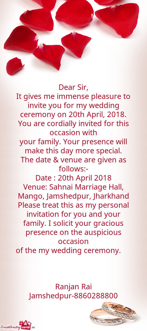 Venue: Sahnai Marriage Hall, Mango, Jamshedpur, Jharkhand