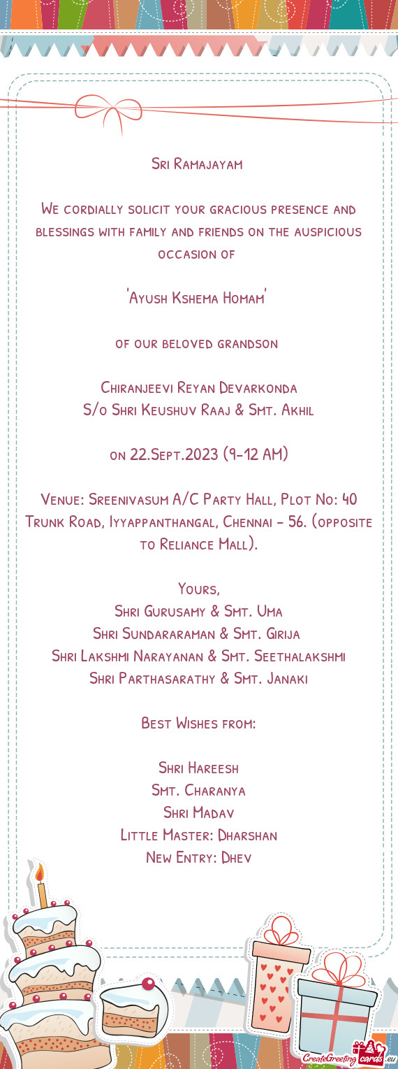 Venue: Sreenivasum A/C Party Hall, Plot No: 40 Trunk Road, Iyyappanthangal, Chennai - 56. (opposite