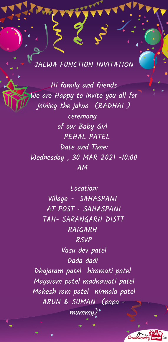 We are Happy to invite you all for joining the jalwa (BADHAI ) ceremony
