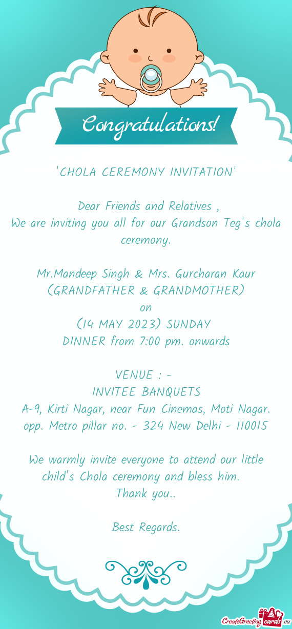 We are inviting you all for our Grandson Teg
