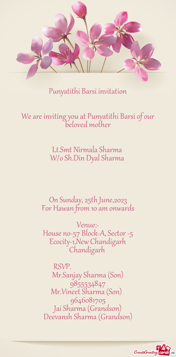 We are inviting you at Punyatithi Barsi of our beloved mother