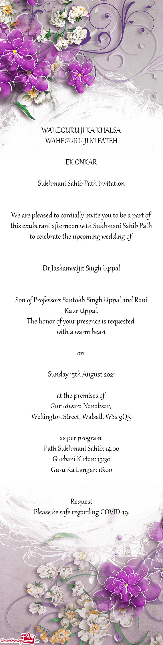 We are pleased to cordially invite you to be a part of this exuberant afternoon with Sukhmani Sahib