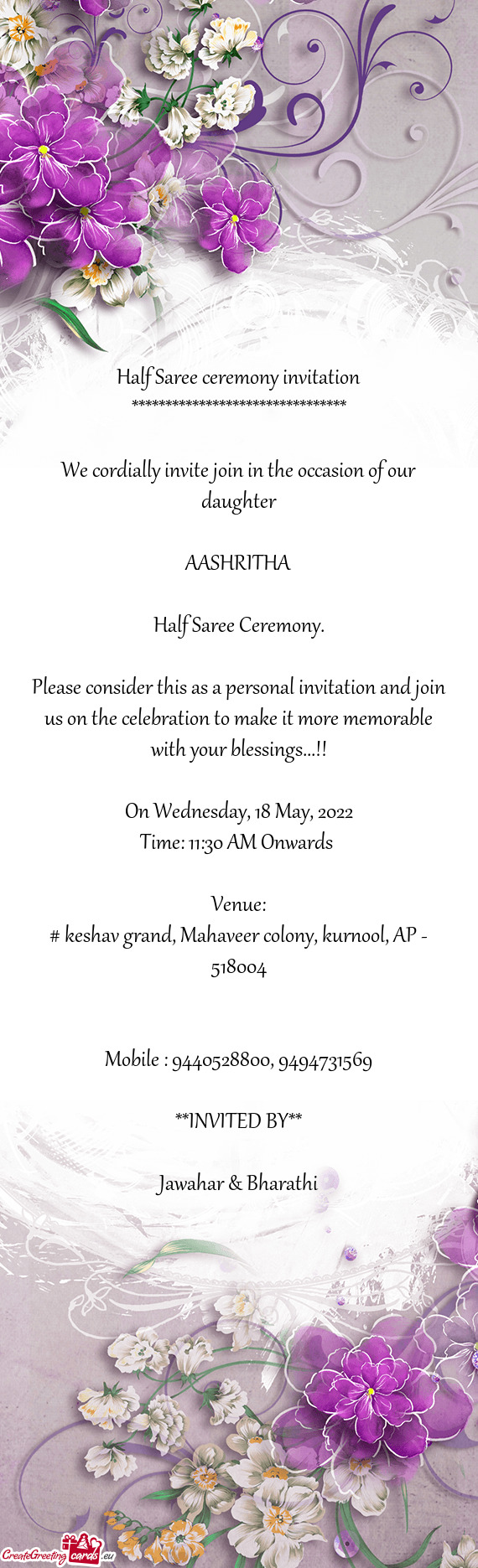 We cordially invite join in the occasion of our daughter