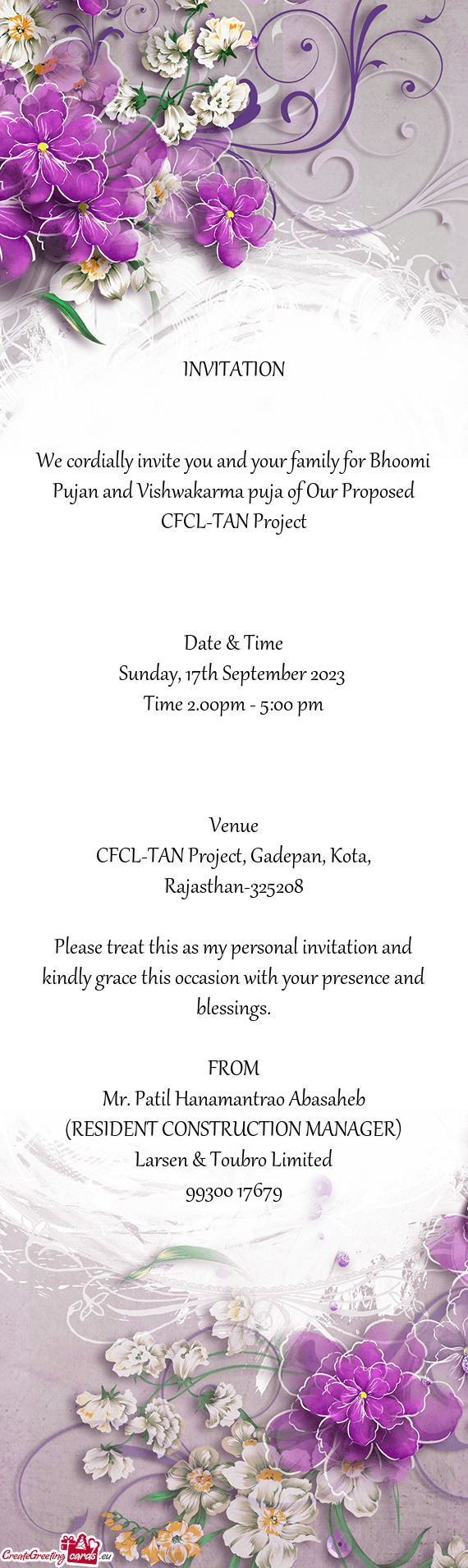 We cordially invite you and your family for Bhoomi Pujan and Vishwakarma puja of Our Proposed CFCL-T