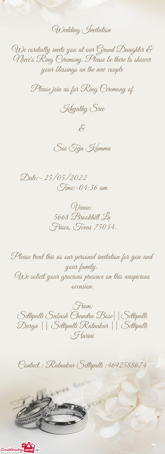 We cordially invite you at our Grand Daughter & Niece