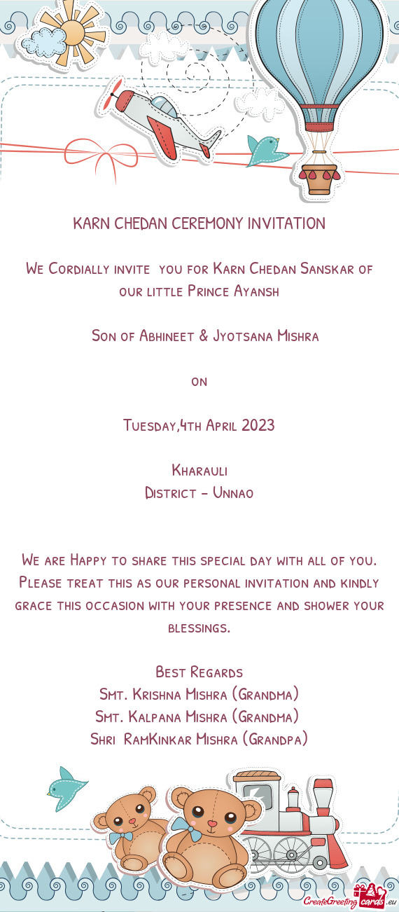 We Cordially invite you for Karn Chedan Sanskar of our little Prince Ayansh