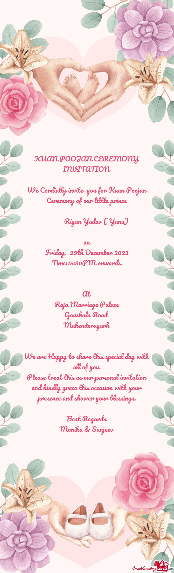 We Cordially invite you for Kuan Poojan Ceremony of our little prince