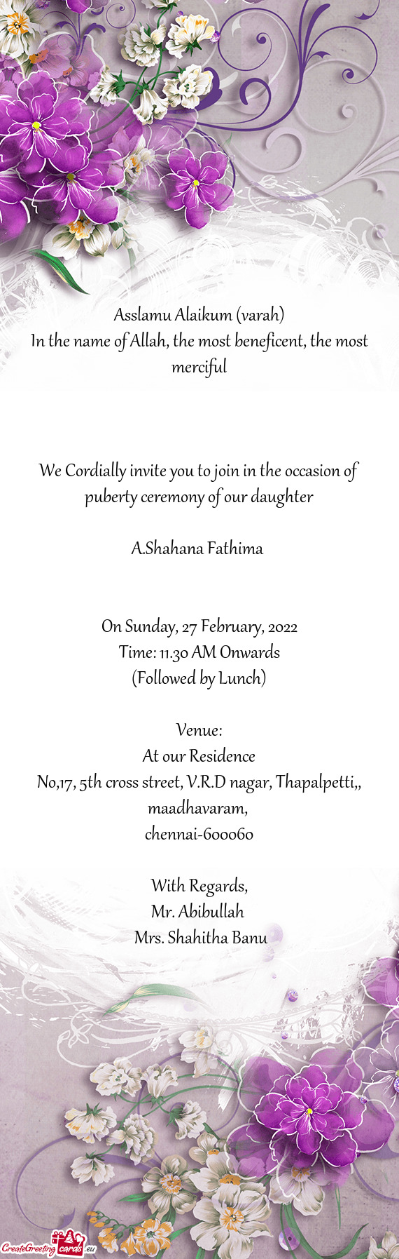 We Cordially invite you to join in the occasion of puberty ceremony of our daughter