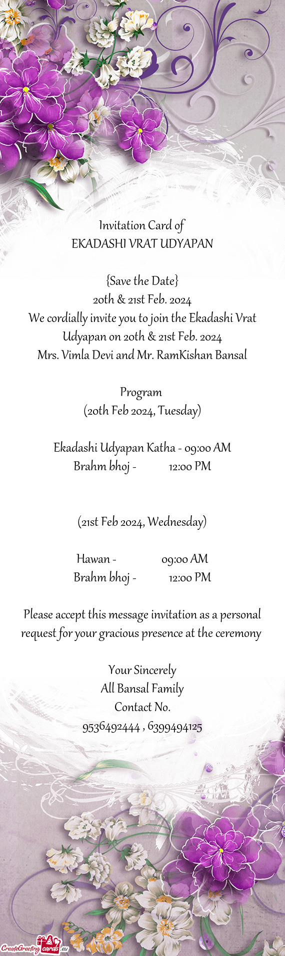 We cordially invite you to join the Ekadashi Vrat Udyapan on 20th & 21st Feb. 2024