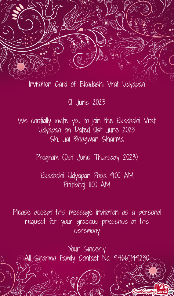 We cordially invite you to join the Ekadashi Vrat Udyapan on Dated 01st June 2023
