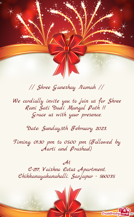 We cordially invite you to join us for Shree Rani Sati Dadi Mangal Path