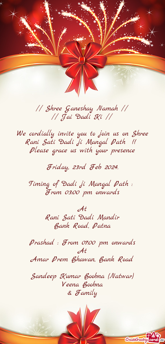 We cordially invite you to join us on Shree Rani Sati Dadi ji Mangal Path