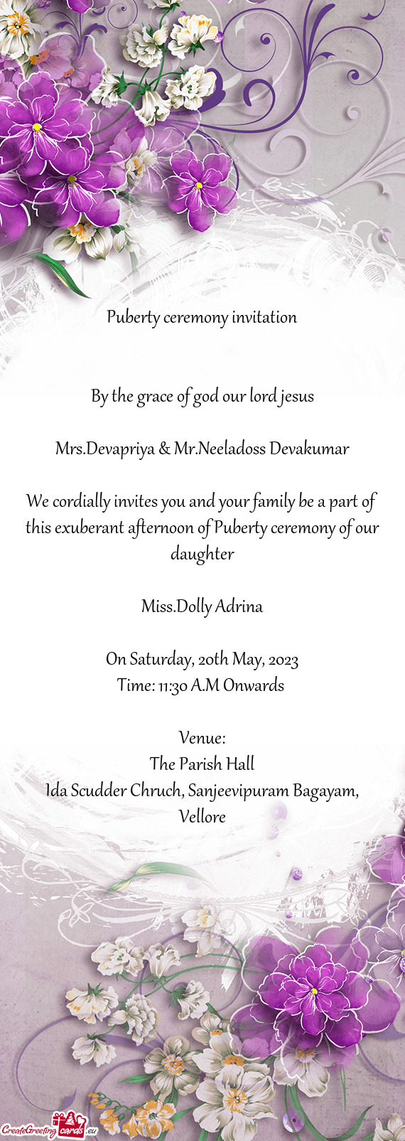 We cordially invites you and your family be a part of this exuberant afternoon of Puberty ceremony o