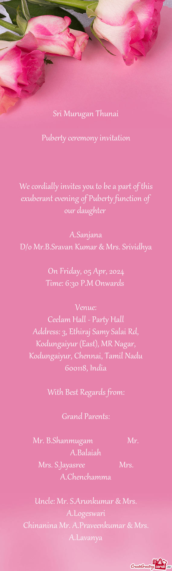 We cordially invites you to be a part of this exuberant evening of Puberty function of our daughter