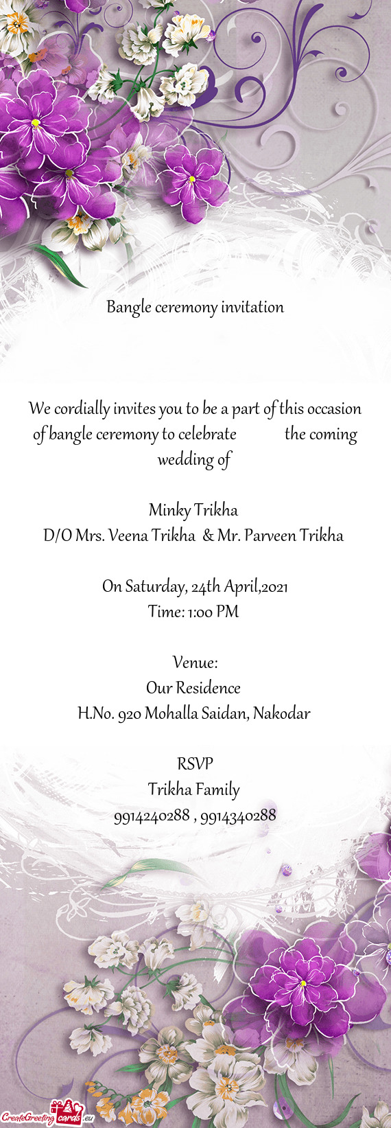 We cordially invites you to be a part of this occasion of bangle ceremony to celebrate