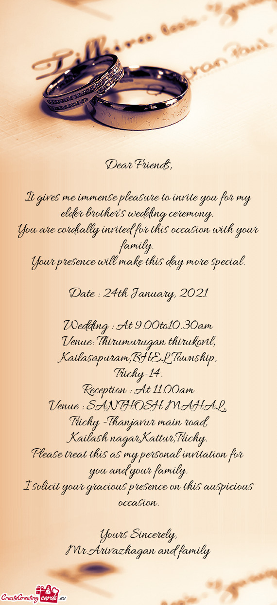 Wedding : At 9.00to10.30am