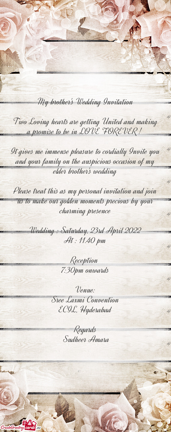 Wedding : Saturday, 23rd April 2022