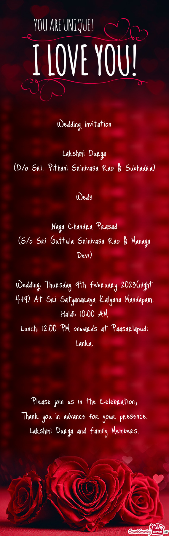 Wedding: Thursday 9th February 2023(night 4:19) At Sri Satyanaraya Kalyana Mandapam