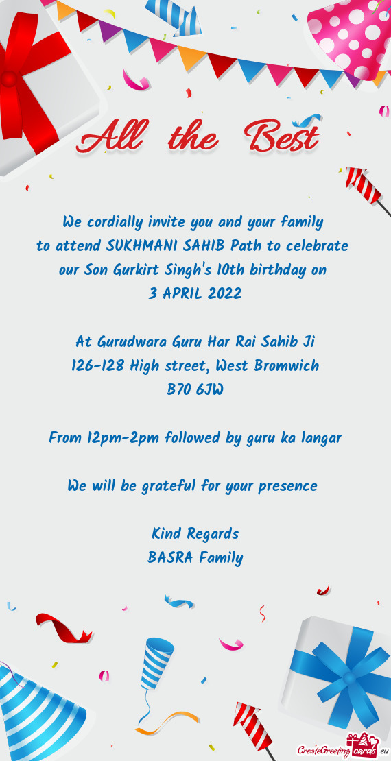 West Bromwich
 B70 6JW
 
 From 12pm-2pm followed by guru ka langar
 
 We will be grateful for your