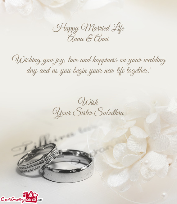 "Wishing you joy, love and happiness on your wedding day and as you begin your new life together."